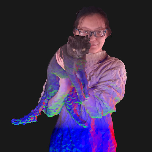 Volumetric video screenshot of a woman holding a cat