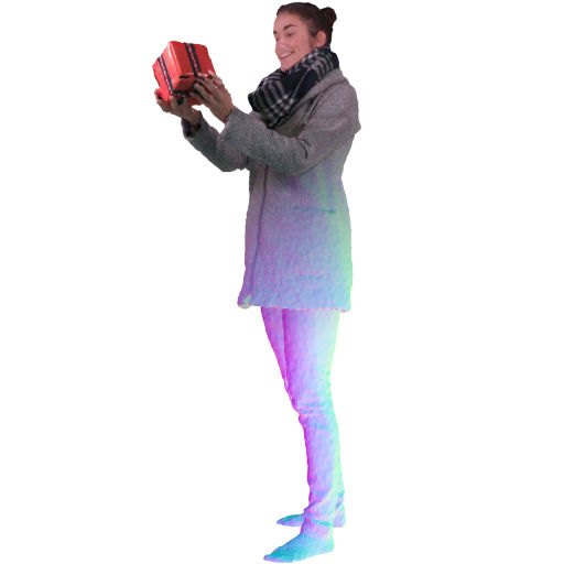 Still frame of a woman holding a present, taken from a volumetric video